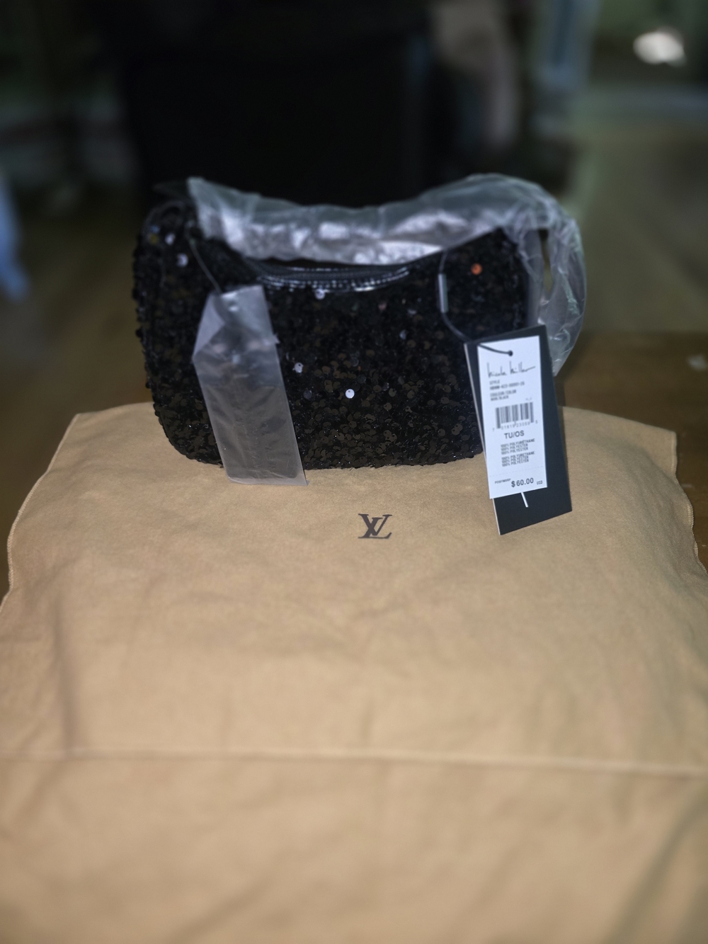 Nicole Miller Black Sequin Shoulder Bag Adjustable Strap With The Lv Dust Bag.